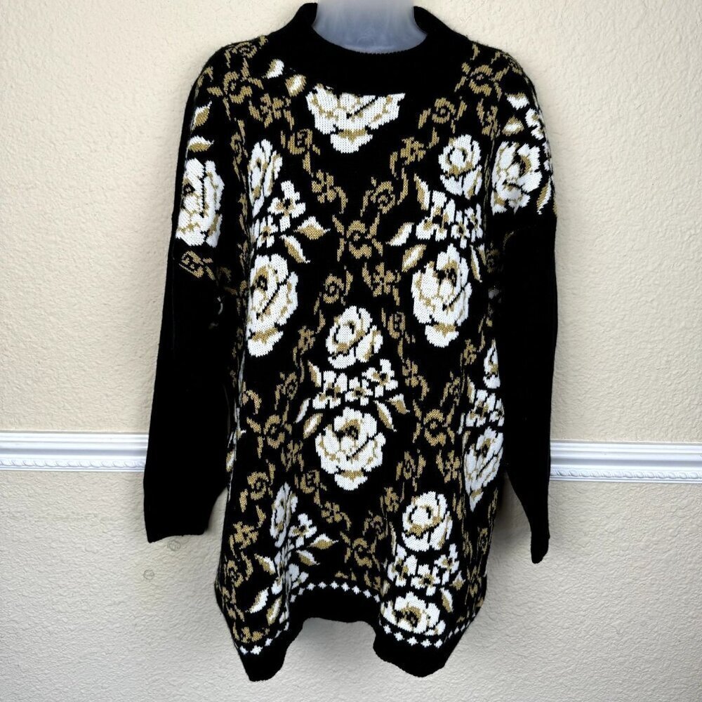 Vintage Trimmings Sweater 22W White Rose High Neck Black Gold Whimsigoth Gothic